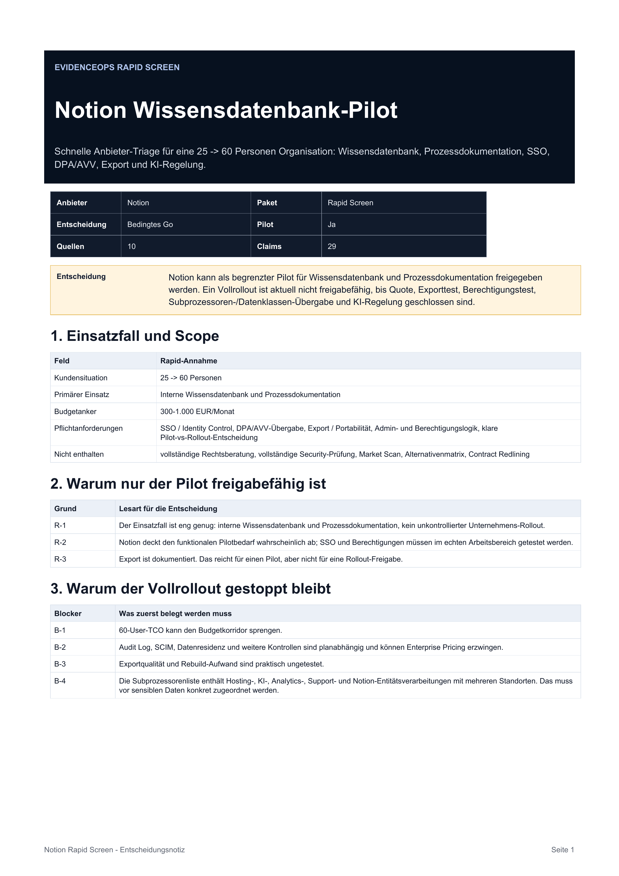 Notion Rapid Screen: echte Entscheidungsnotiz aus dem Musterpaket.